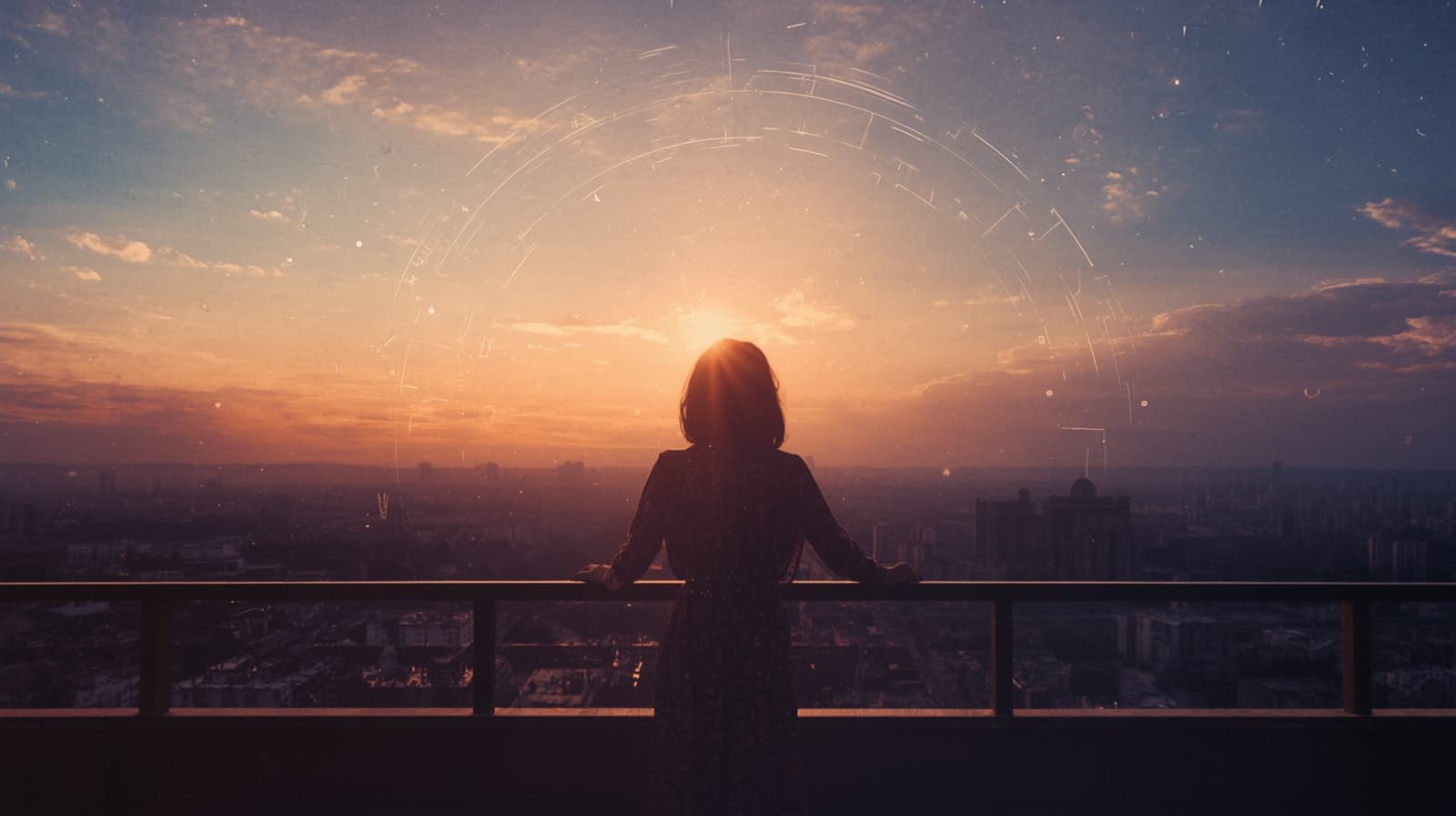 A woman silhouetted on a balcony at sunset, looking out across a cityscape, a moment of contemplation about place and direction