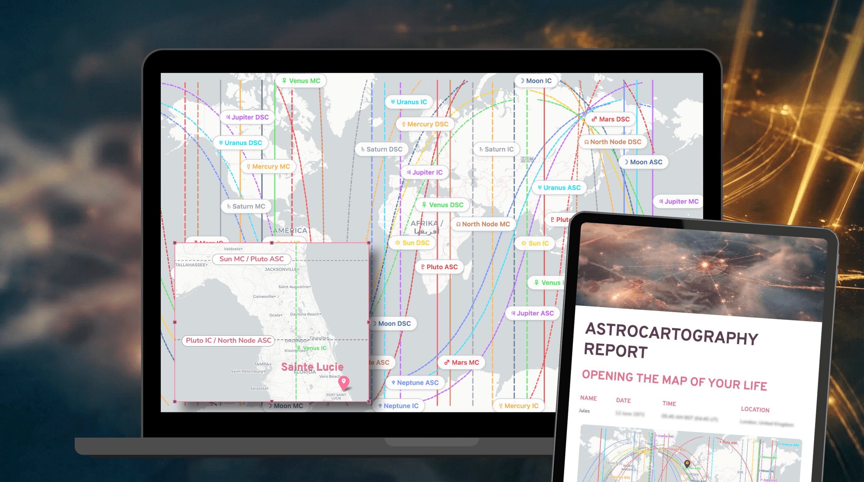 Preview of a Compare Cities astrocartography reading: a brand-blue astrocartography map comparing several cities side by side with their planetary lines