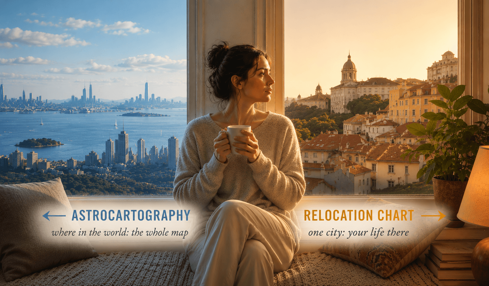 A contemplative woman seated at a window between two worlds: on her left an open horizon with several distant city skylines in cool blue light, annotated astrocartography, the whole map of where in the world you could go; on her right one warm rooted home in a single city at golden hour, annotated relocation chart, one city and your life there