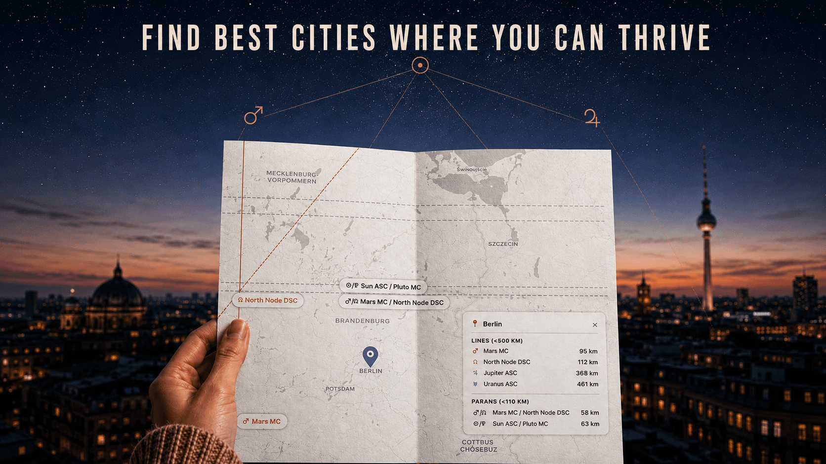 Preview of a Find Cities astrocartography reading: a brand-blue astrocartography map with a shortlist of cities marked and a small Find Cities product mark