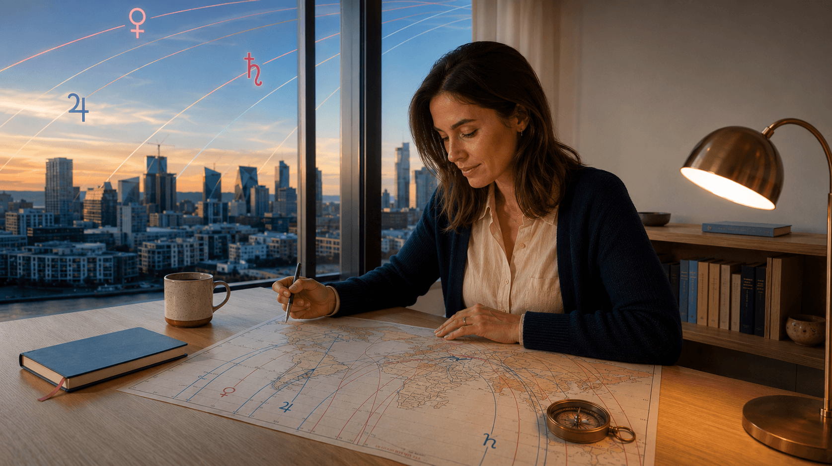 A woman in her early 30s in modern contemporary clothing seated at a wooden desk in a quiet home study, leaning over an open astrocartography world map under the warm pool of a brass desk lamp, brand-blue window light from the left and a late-afternoon contemporary city skyline visible through the window