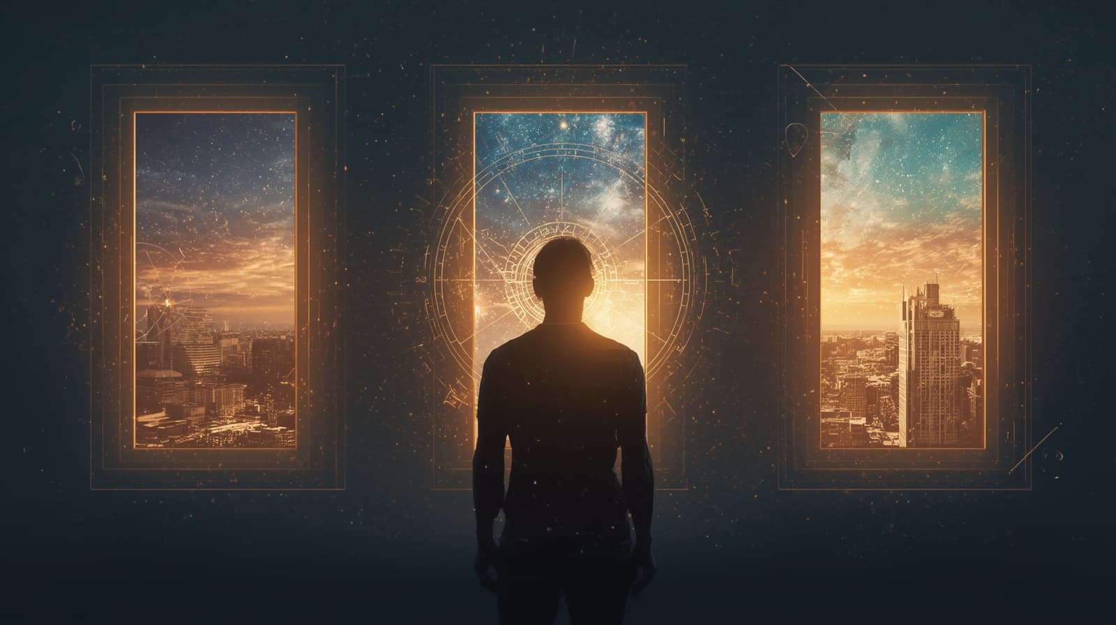 A person standing before three glowing portals, each showing a different cityscape, representing the astrocartography decision of choosing where to live