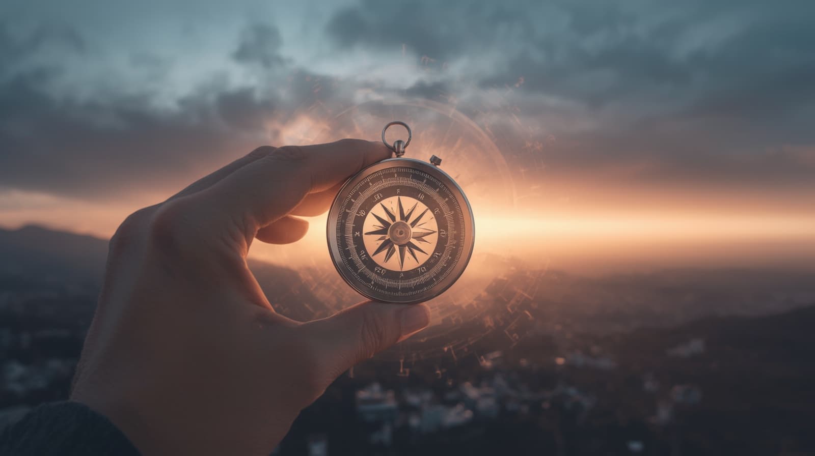 A hand holding a vintage compass at golden hour with a subtle zodiac wheel overlay and a city visible in the background below