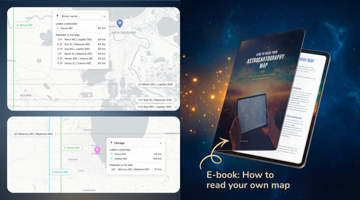 Preview of the Interactive Map Explorer showing the astrocartography map interface on multiple devices alongside the How to Read Your Map e-book guide on a tablet