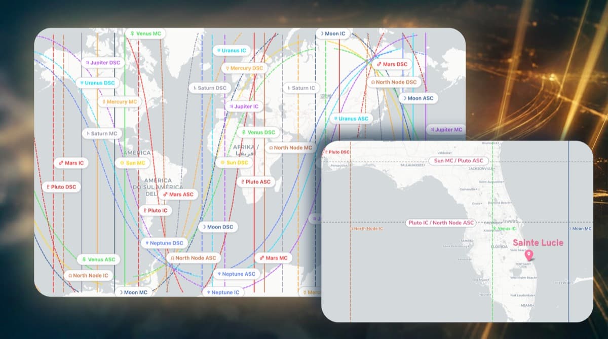 A detailed astrocartography chart showing color-coded planetary lines labeled with planet names and angles (Venus MC, Mars IC, Jupiter DSC) crossing continents, with a zoom-in detail of a specific city showing nearby lines and their distances