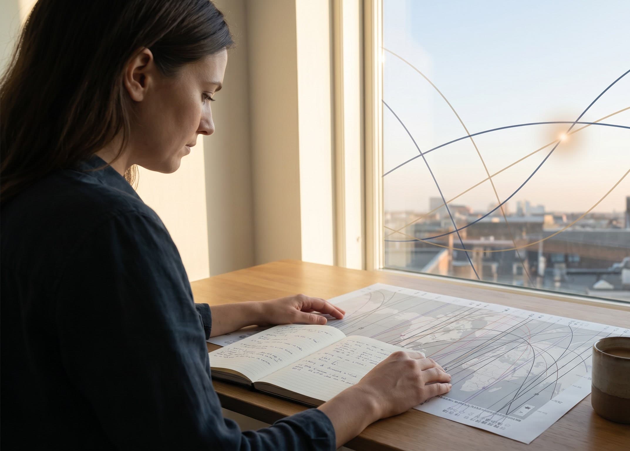 A woman at a wooden desk by a tall window in soft morning light, with a printed astrocartography map and handwritten notes, subtle deep-blue line arcs tracing across the sky outside
