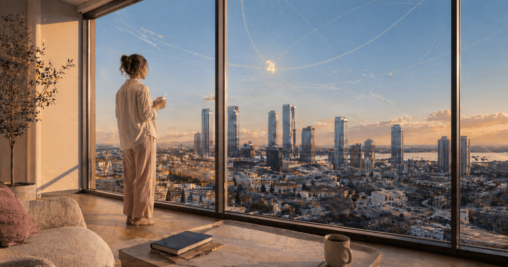 A woman in modern minimalist clothing standing at a floor-to-ceiling window of a contemporary apartment, looking out at a current city skyline at golden hour, faint astrocartography lines and a small Jupiter glyph in the warm-amber and celestial-blue sky