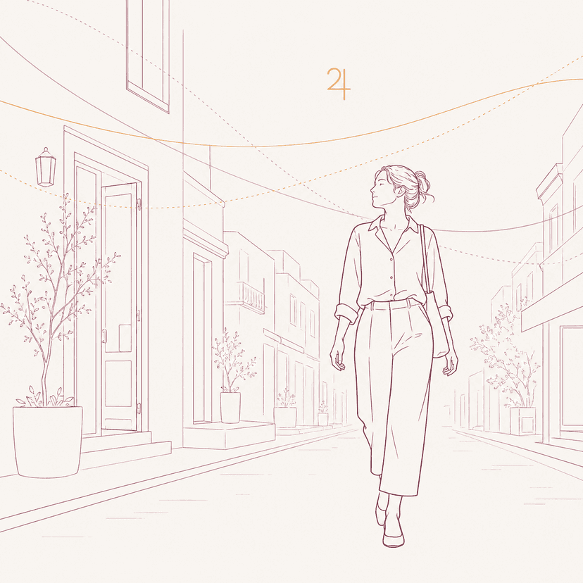 Line illustration of Jupiter ASC: a woman silhouette walking forward through a modern street, Jupiter glyph in warm gold above her path