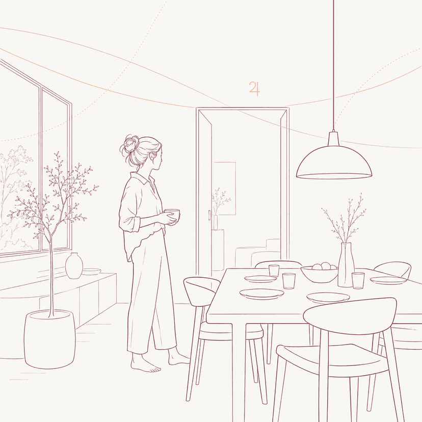 Line illustration of Jupiter IC: a woman silhouette in a modern open-plan home with a long minimal table and tall window, Jupiter glyph above an open doorway