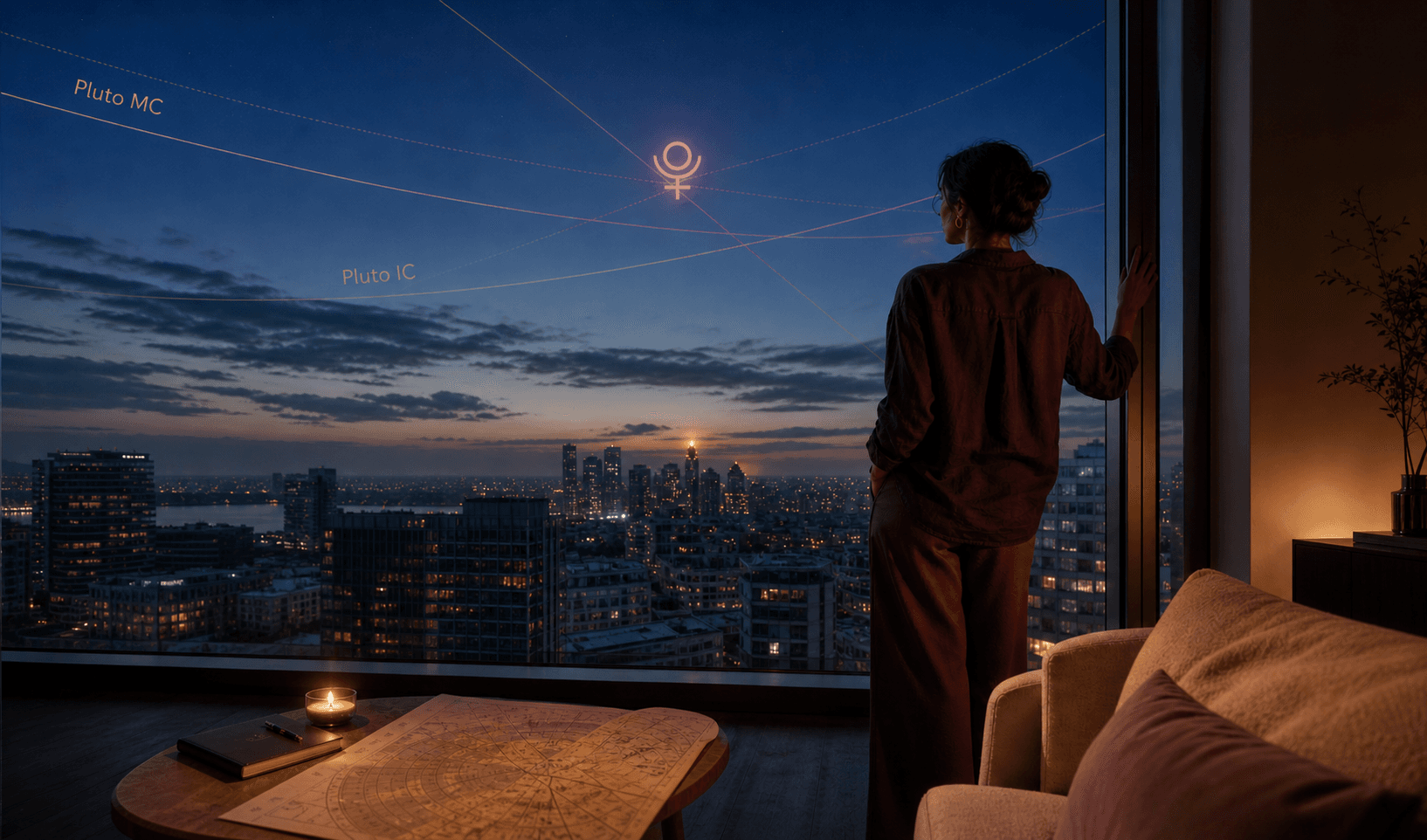 A woman in modern minimalist clothing standing at a floor-to-ceiling window of a contemporary apartment at the moment between dusk and night, looking out at a current city skyline, faint astrocartography lines and a small Pluto glyph in the deep-mauve and celestial-blue sky