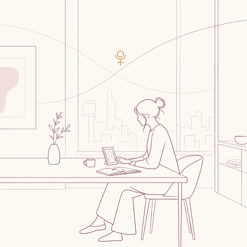 Line illustration of Pluto IC: a woman silhouette seated at a long minimal table in a modern open-plan home, looking down at a small framed photograph, Pluto glyph in warm gold above the table