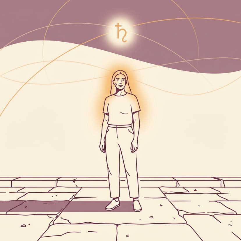 Illustration of Saturn ASC: a grounded figure standing in a courtyard with quiet halo of gravitas, Saturn glyph nearby