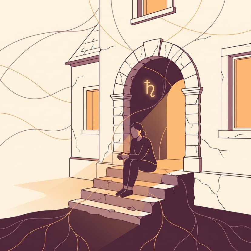 Illustration of Saturn IC: a figure sitting on the threshold of an old stone house, warm light inside, Saturn glyph in the sky