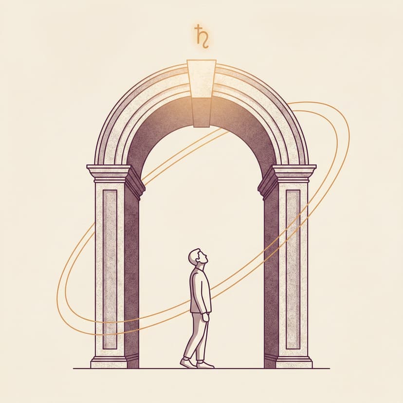 Illustration of Saturn MC: a figure at the base of a stone pillar looking upward with quiet ambition, Saturn glyph glowing above