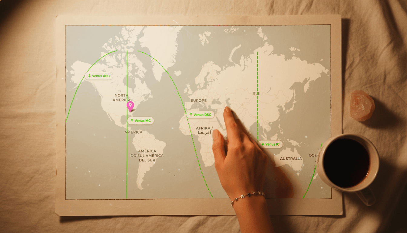 An astrocartography map showing four Venus lines labeled Venus MC, Venus IC, Venus ASC, and Venus DSC crossing different regions of the globe, with a hand pointing to where lines converge