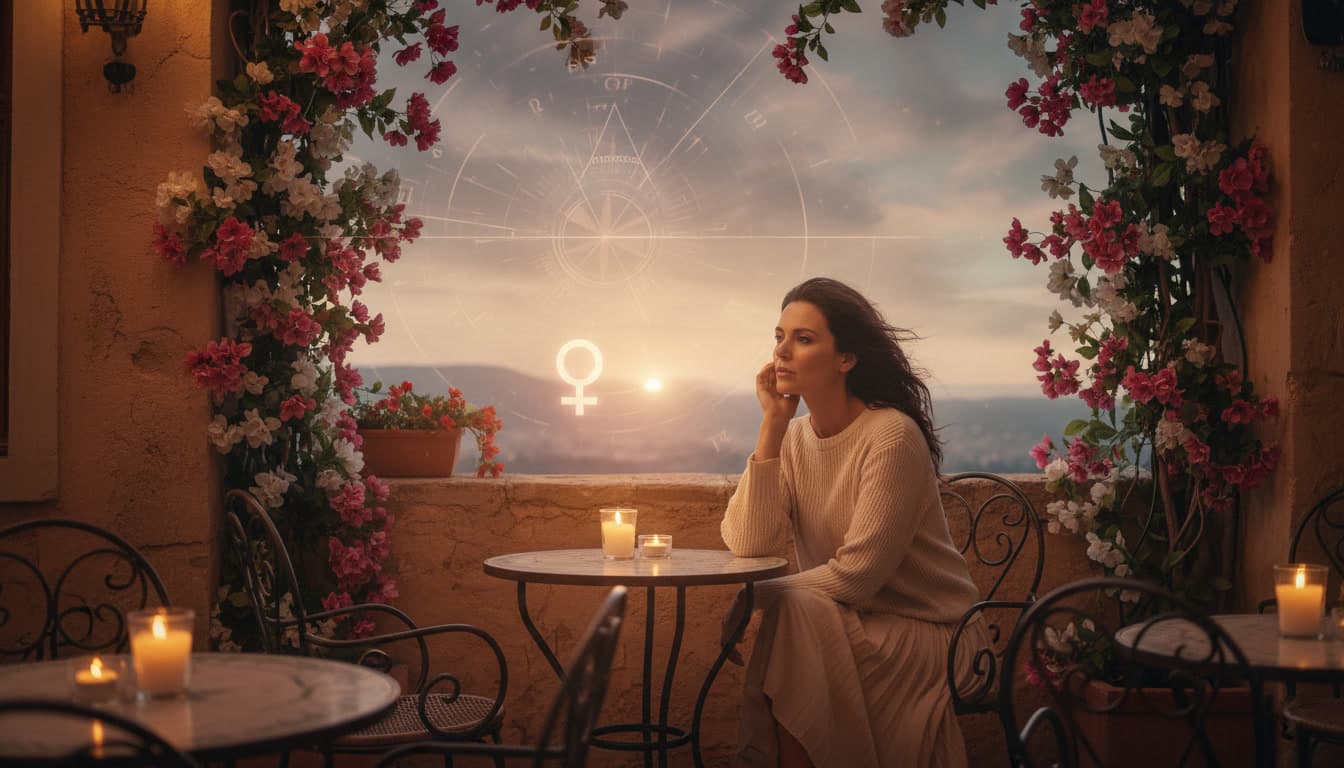 A woman sitting alone at a beautiful Mediterranean cafe at dusk, contemplative, with a faint Venus glyph and astrocartography chart overlay in the twilight sky