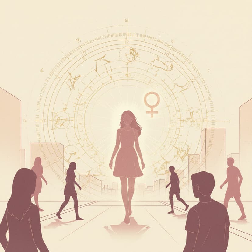Illustration of Venus ASC: a woman standing in a soft glow with people flowing around her, a zodiac wheel and Venus glyph in the sky