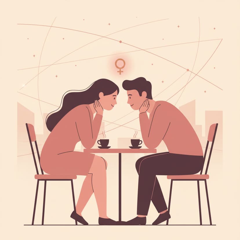 Illustration of Venus DSC: two people leaning toward each other at a cafe table, with a Venus glyph between them and planetary lines in the background