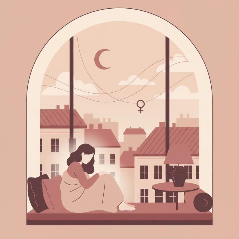 Illustration of Venus IC: a woman curled up in an arched window seat, looking out at rooftops with a crescent moon and planetary lines in the sky