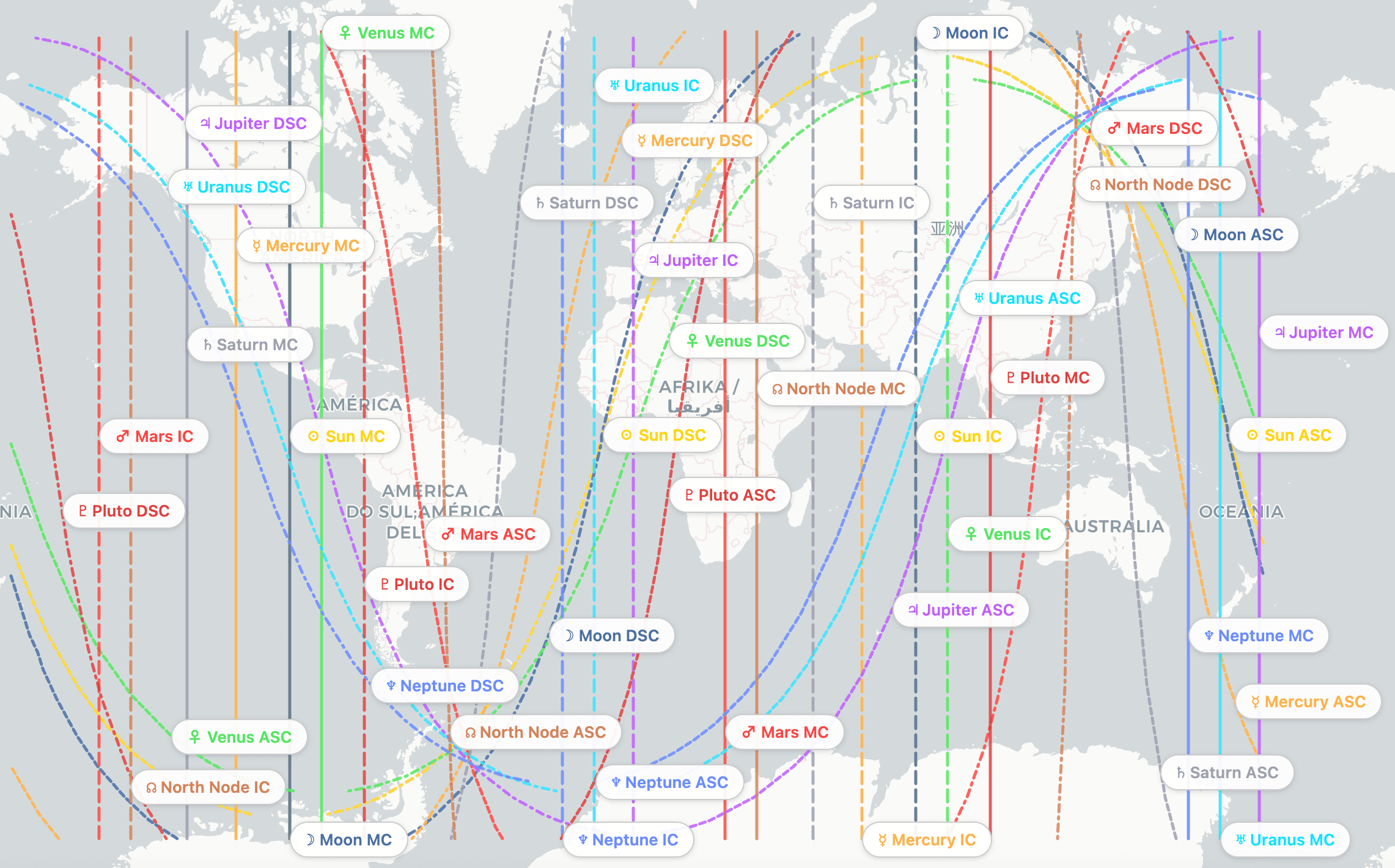 Sample astrocartography world map showing planetary lines across continents