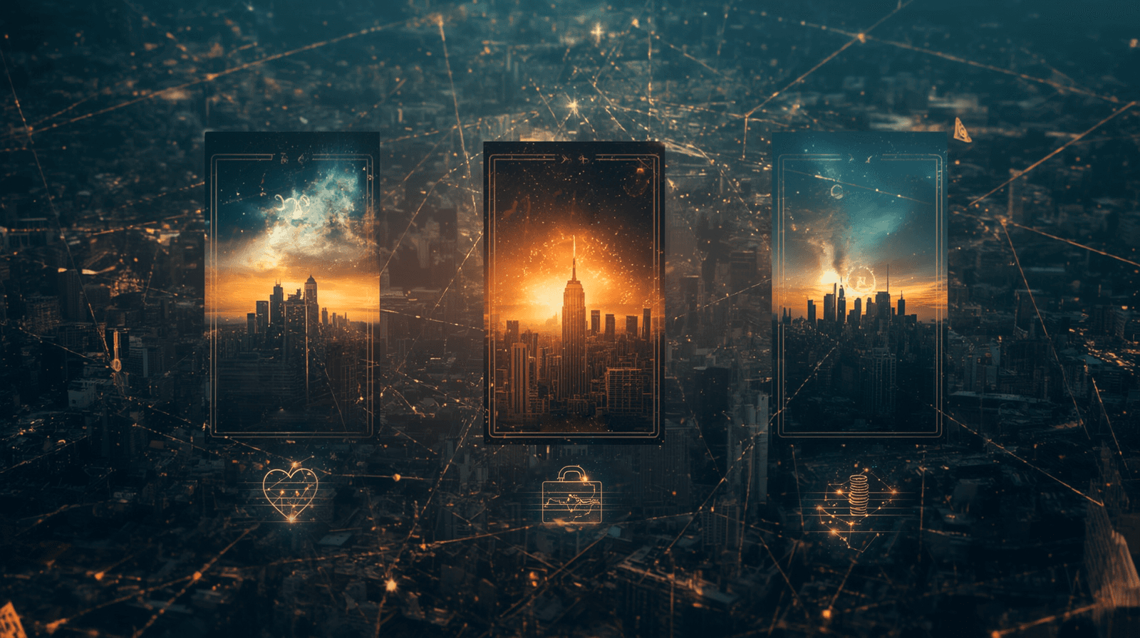 Three city windows showing different urban landscapes